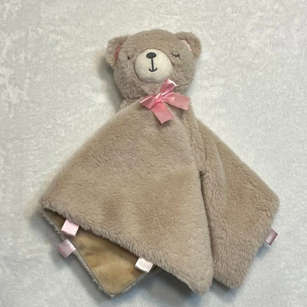Teddy Bear Lovey Baby Blanket Brown Tan with pink bow Kellytoy